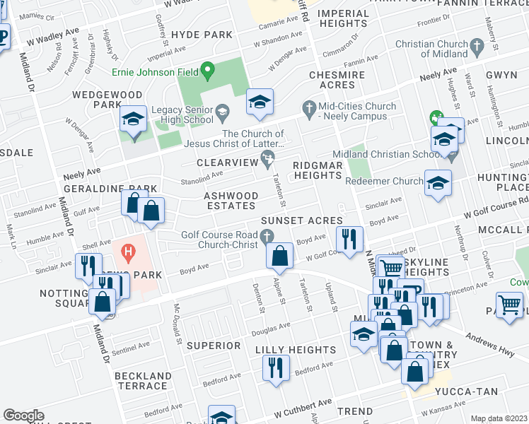 map of restaurants, bars, coffee shops, grocery stores, and more near 3508 Shell Avenue in Midland