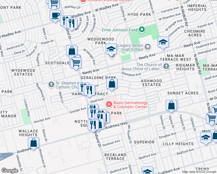 map of restaurants, bars, coffee shops, grocery stores, and more near 3806 Nassau Drive in Midland