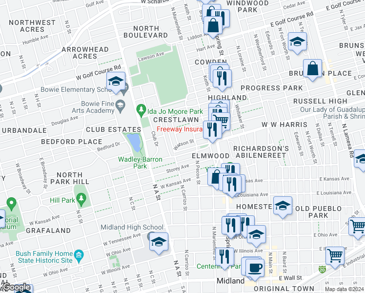 map of restaurants, bars, coffee shops, grocery stores, and more near 610 West Cuthbert Avenue in Midland