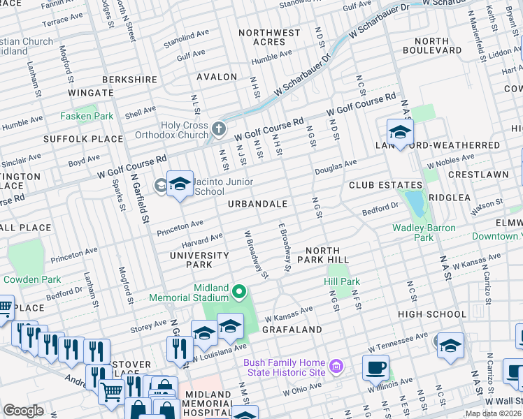 map of restaurants, bars, coffee shops, grocery stores, and more near 1300-1398 N J St in Midland
