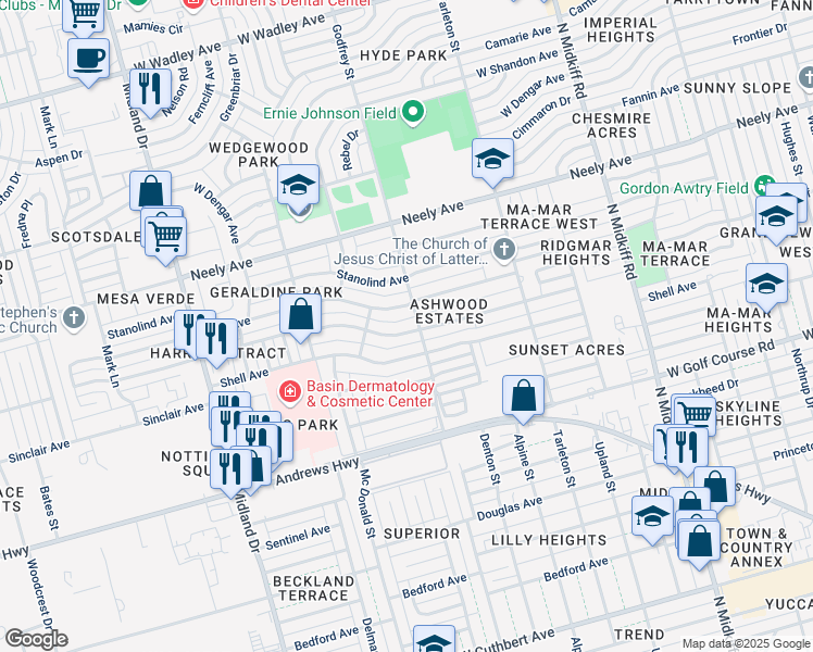 map of restaurants, bars, coffee shops, grocery stores, and more near 3602 Humble Avenue in Midland