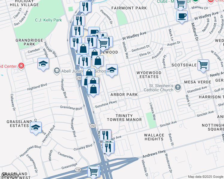 map of restaurants, bars, coffee shops, grocery stores, and more near 5200 Rainbow Road in Midland