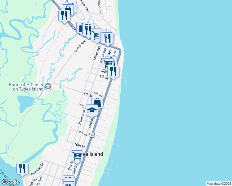 map of restaurants, bars, coffee shops, grocery stores, and more near 8 Center Place in Tybee Island