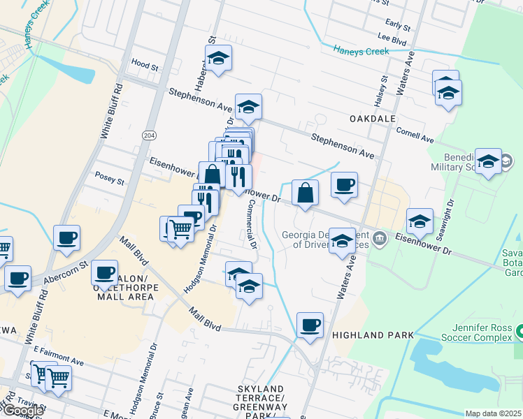 map of restaurants, bars, coffee shops, grocery stores, and more near 3 Commerce Place in Savannah