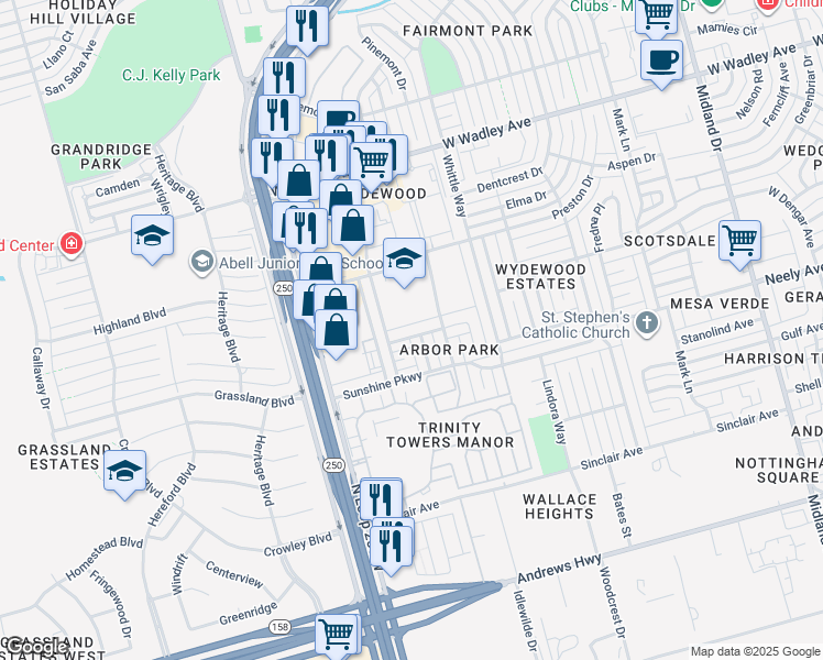 map of restaurants, bars, coffee shops, grocery stores, and more near 5108 Rainbow Road in Midland