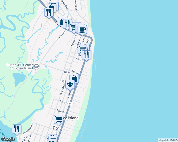 map of restaurants, bars, coffee shops, grocery stores, and more near 8 Center Place in Tybee Island