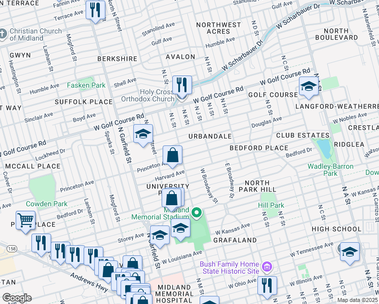 map of restaurants, bars, coffee shops, grocery stores, and more near 1707 Princeton Ave in Midland