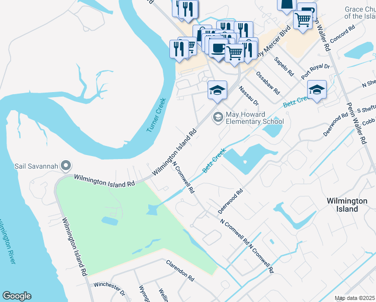 map of restaurants, bars, coffee shops, grocery stores, and more near 135 Wilmington Island Road in Wilmington Island