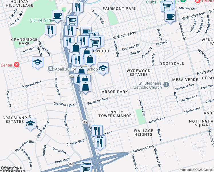 map of restaurants, bars, coffee shops, grocery stores, and more near 5106 Rainbow Road in Midland