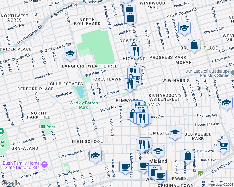 map of restaurants, bars, coffee shops, grocery stores, and more near 600 West Cuthbert Avenue in Midland