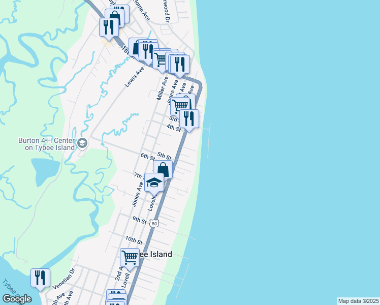map of restaurants, bars, coffee shops, grocery stores, and more near 8 Center Place in Tybee Island