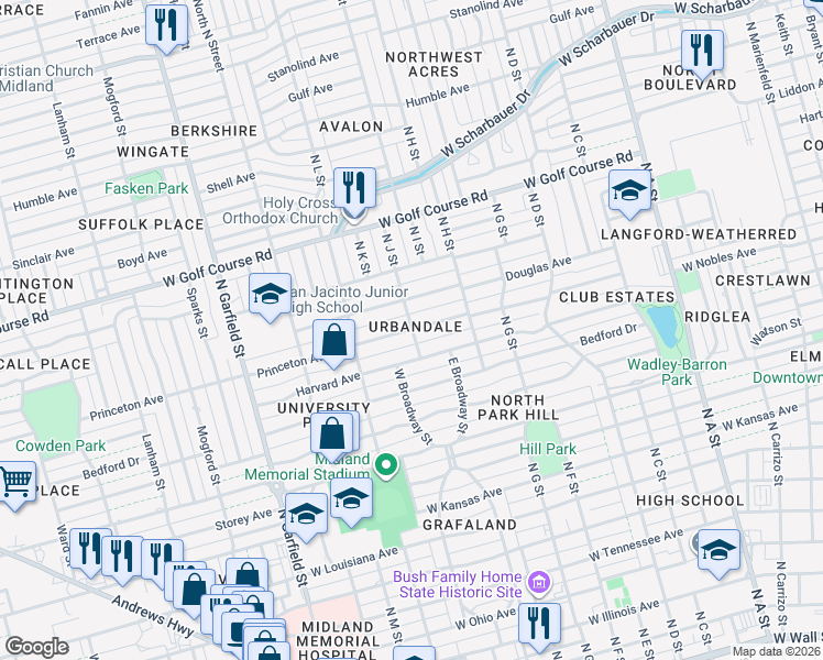 map of restaurants, bars, coffee shops, grocery stores, and more near 1398 N J St in Midland