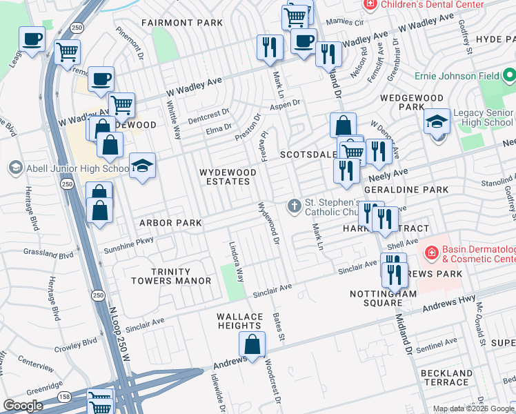 map of restaurants, bars, coffee shops, grocery stores, and more near 4701 Sunshine Parkway in Midland
