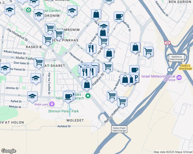 map of restaurants, bars, coffee shops, grocery stores, and more near 26 Harokmim Street in Holon