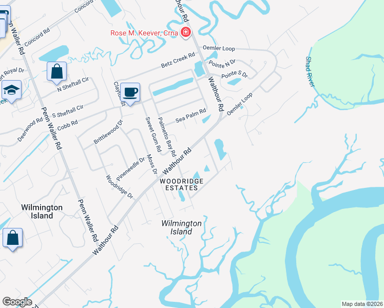 map of restaurants, bars, coffee shops, grocery stores, and more near 7 Moss Pointe Court in Savannah