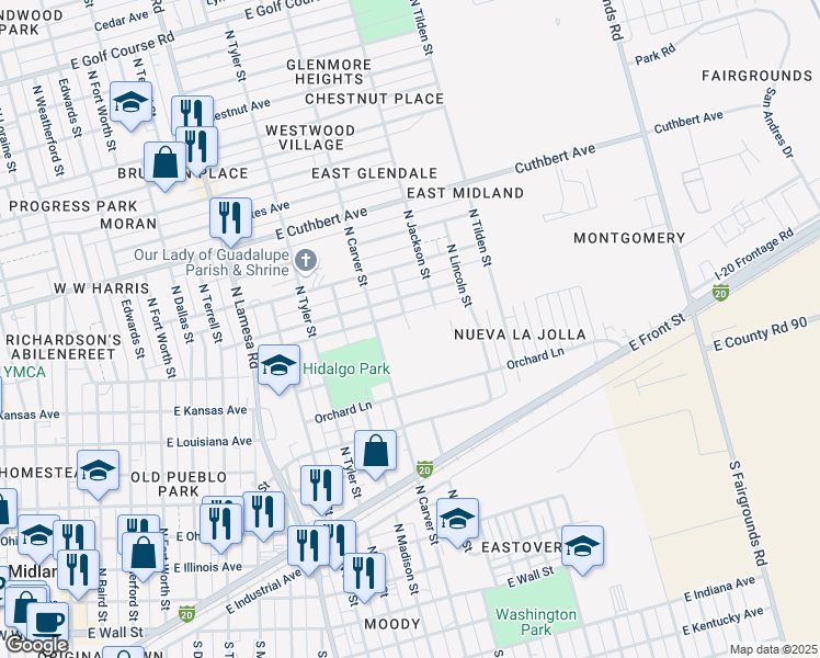 map of restaurants, bars, coffee shops, grocery stores, and more near 900 North Adams Street in Midland