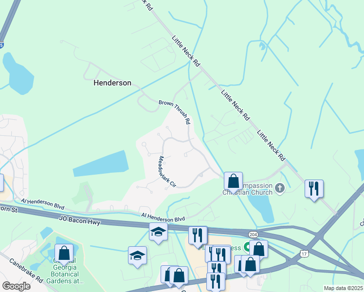 map of restaurants, bars, coffee shops, grocery stores, and more near 15 Mockingbird Lane in Savannah