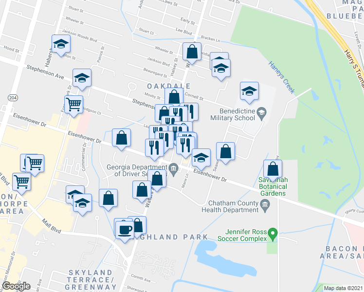 map of restaurants, bars, coffee shops, grocery stores, and more near 6720 Waters Avenue in Savannah