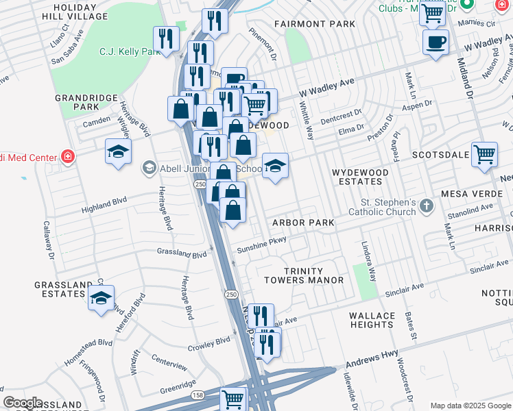 map of restaurants, bars, coffee shops, grocery stores, and more near 2805 Sunburst Drive in Midland