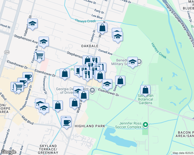 map of restaurants, bars, coffee shops, grocery stores, and more near 1100 Eisenhower Dr in Savannah