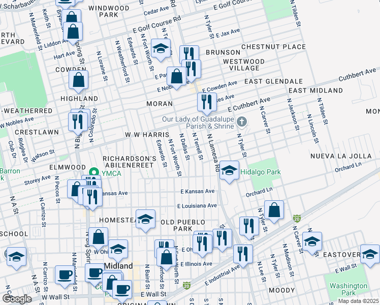 map of restaurants, bars, coffee shops, grocery stores, and more near 913 N Terrell St in Midland