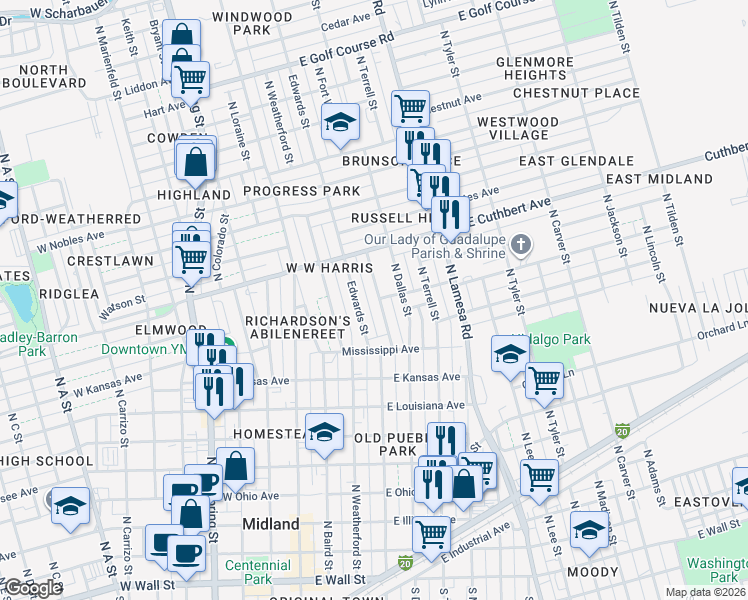 map of restaurants, bars, coffee shops, grocery stores, and more near 923 North Fort Worth Street in Midland