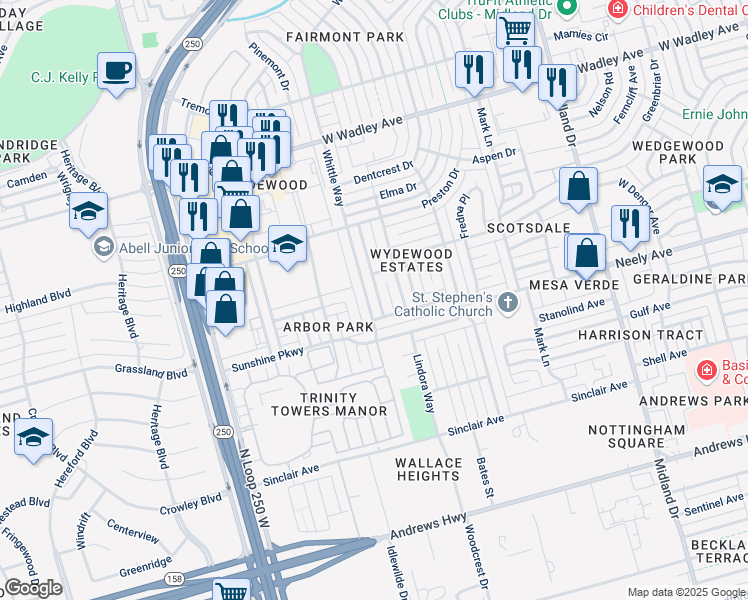 map of restaurants, bars, coffee shops, grocery stores, and more near 2902 Dora Place in Midland