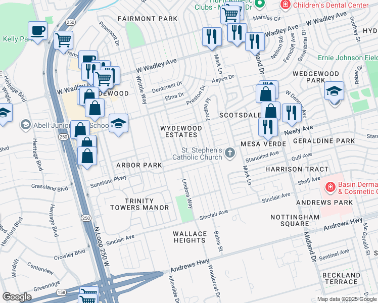 map of restaurants, bars, coffee shops, grocery stores, and more near 4708 Neely Avenue in Midland
