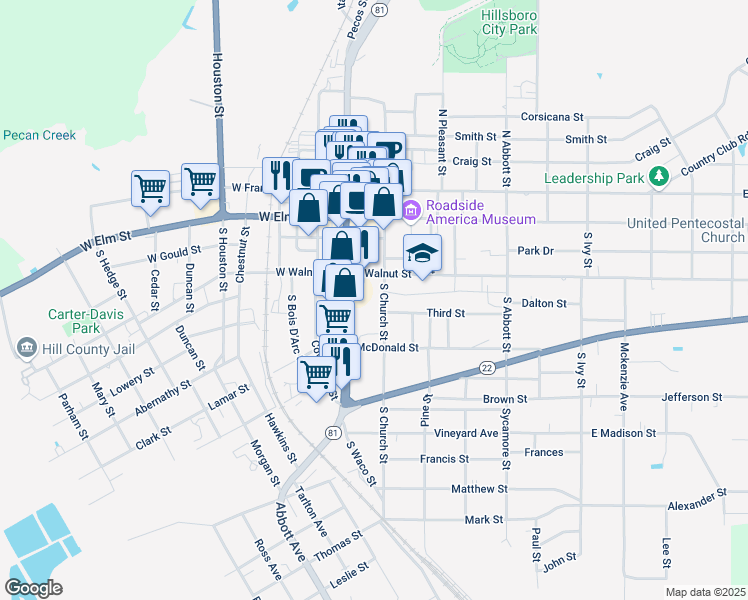 map of restaurants, bars, coffee shops, grocery stores, and more near 106 East Walnut Street in Hillsboro