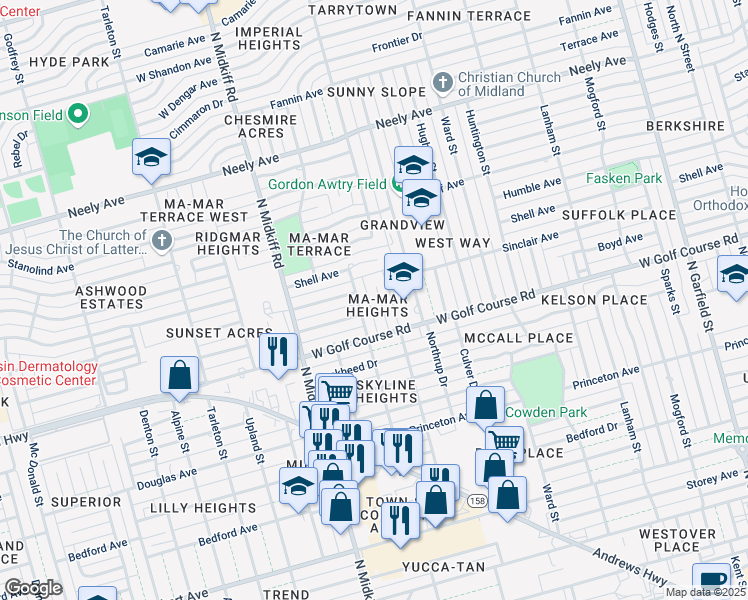 map of restaurants, bars, coffee shops, grocery stores, and more near 14 Bristol Court in Midland
