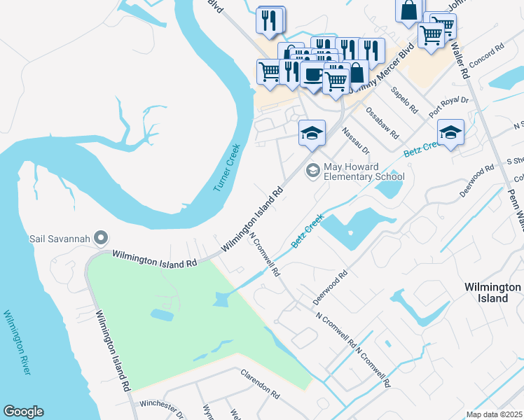map of restaurants, bars, coffee shops, grocery stores, and more near 135 Wilmington Island Road in Wilmington Island