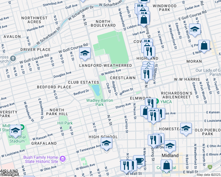 map of restaurants, bars, coffee shops, grocery stores, and more near 203 Ridglea Drive in Midland