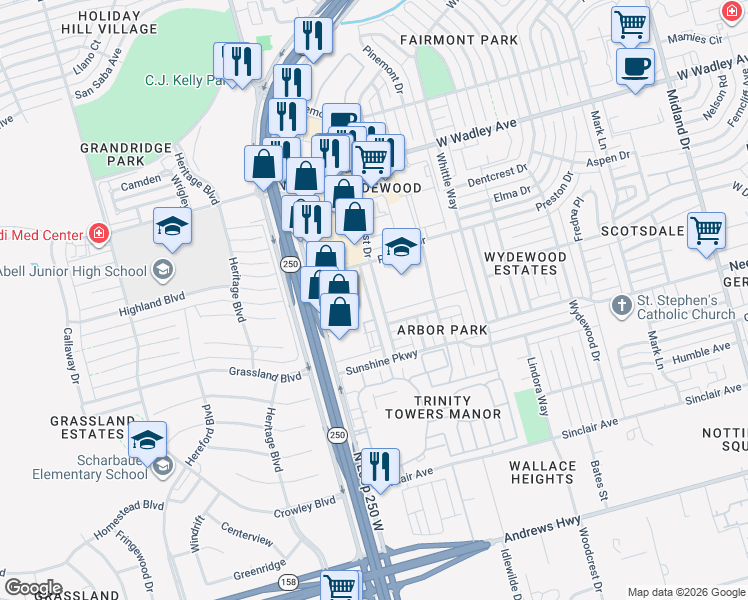 map of restaurants, bars, coffee shops, grocery stores, and more near 2907 Sunburst Drive in Midland