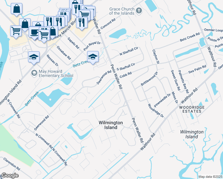 map of restaurants, bars, coffee shops, grocery stores, and more near 105 Penn Station in Savannah