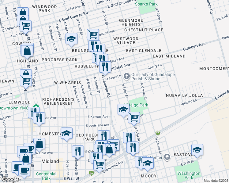 map of restaurants, bars, coffee shops, grocery stores, and more near 1204 Garden Ln in Midland