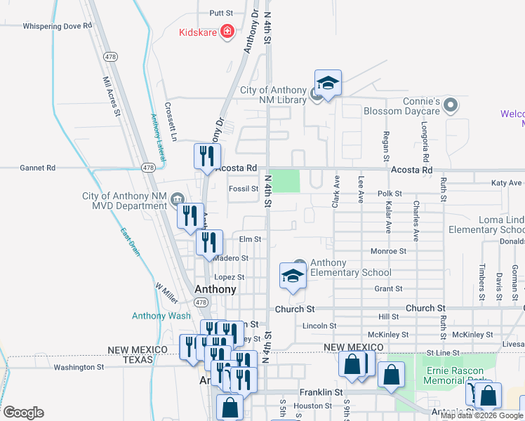 map of restaurants, bars, coffee shops, grocery stores, and more near 825 North 4th Street in Anthony