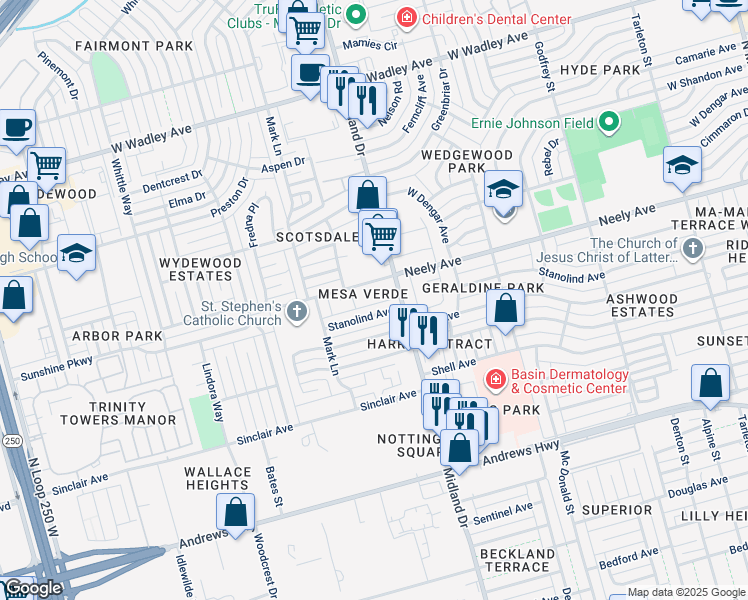 map of restaurants, bars, coffee shops, grocery stores, and more near 2501-2599 Midland Drive in Midland