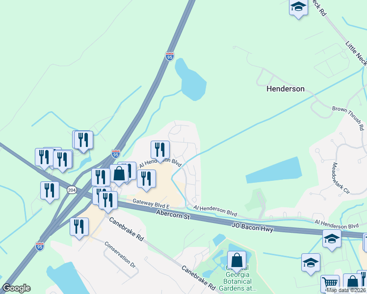 map of restaurants, bars, coffee shops, grocery stores, and more near 450 Al Henderson Boulevard in Savannah