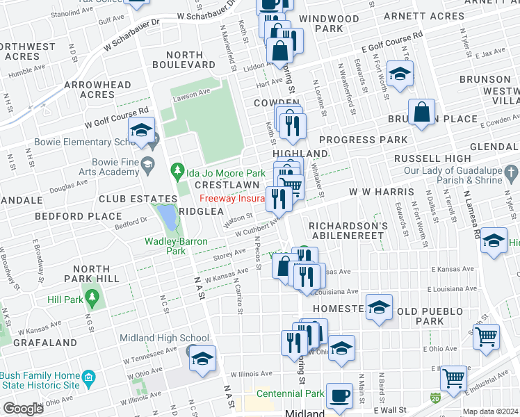 map of restaurants, bars, coffee shops, grocery stores, and more near 510 West Estes Avenue in Midland