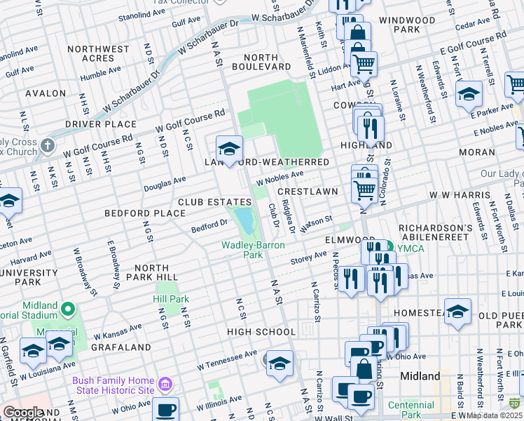 map of restaurants, bars, coffee shops, grocery stores, and more near 205 Club Drive in Midland
