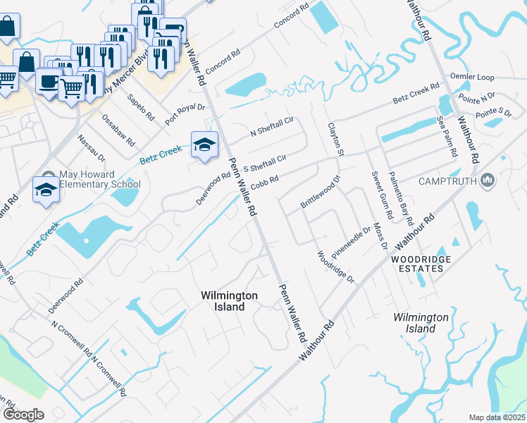 map of restaurants, bars, coffee shops, grocery stores, and more near 706 Penn Waller Road in Savannah