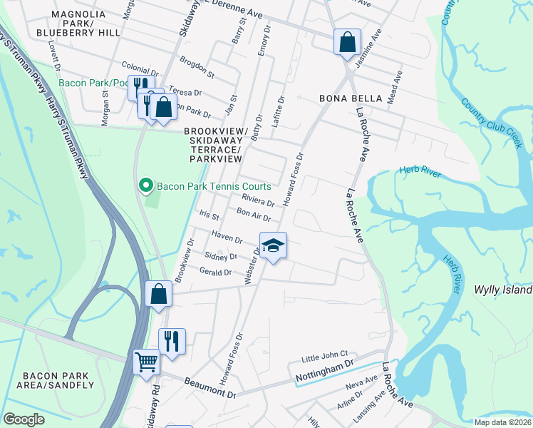 map of restaurants, bars, coffee shops, grocery stores, and more near 2425 Riviera Drive in Savannah