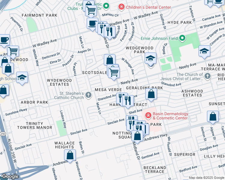 map of restaurants, bars, coffee shops, grocery stores, and more near 2599 Midland Drive in Midland