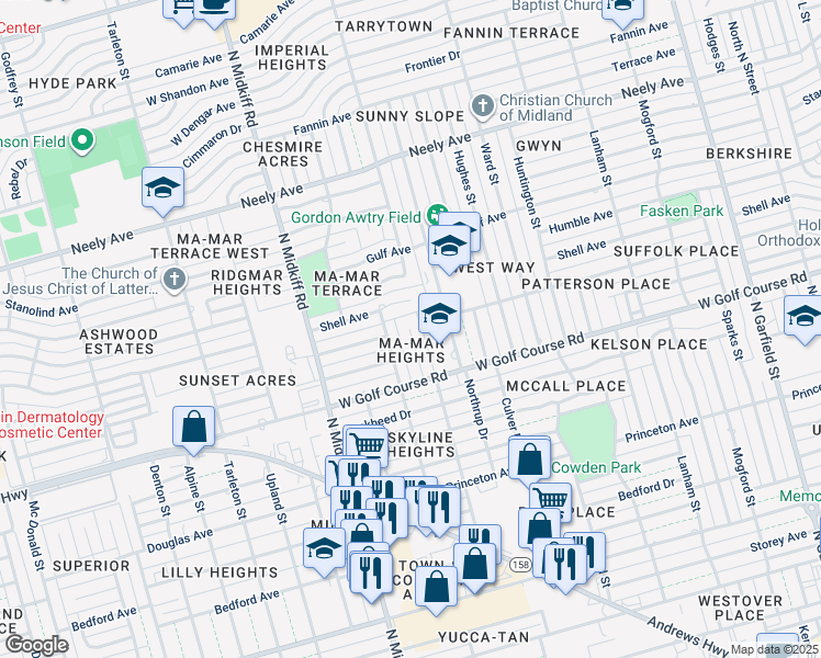 map of restaurants, bars, coffee shops, grocery stores, and more near 36 Bristol Court in Midland