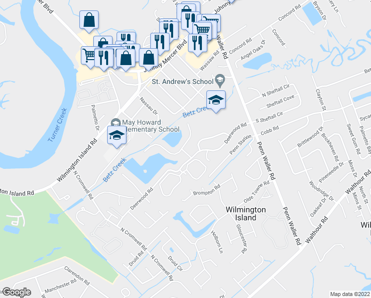 map of restaurants, bars, coffee shops, grocery stores, and more near 6 Lantern Lane in Savannah
