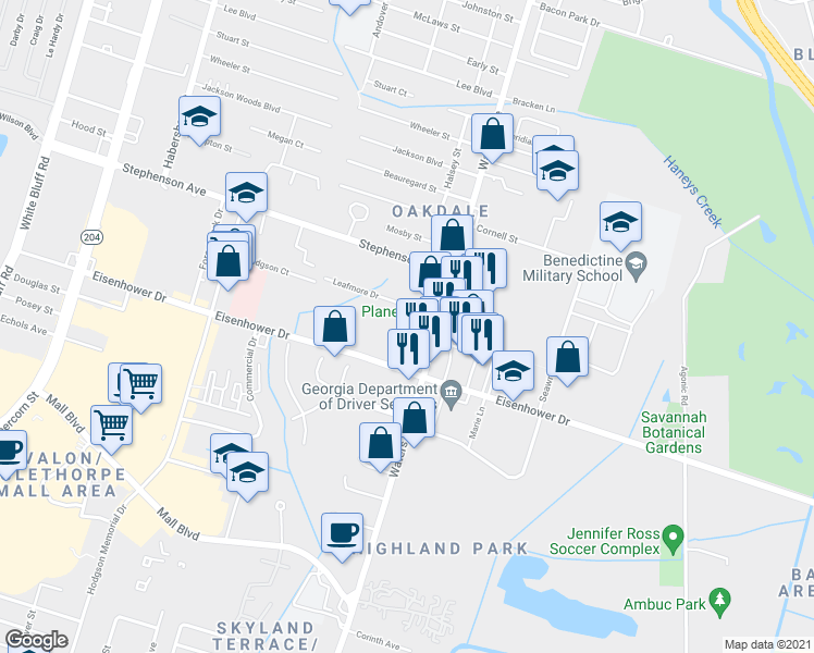 map of restaurants, bars, coffee shops, grocery stores, and more near 6815 Waters Avenue in Savannah
