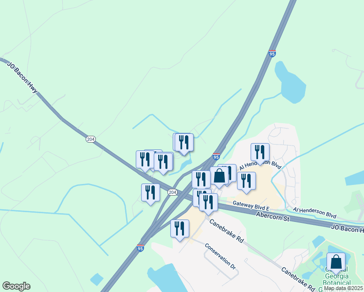 map of restaurants, bars, coffee shops, grocery stores, and more near 49 Gateway Boulevard West in Savannah