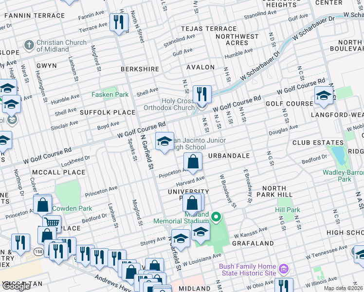 map of restaurants, bars, coffee shops, grocery stores, and more near 2011 East County Road 138 in Midland