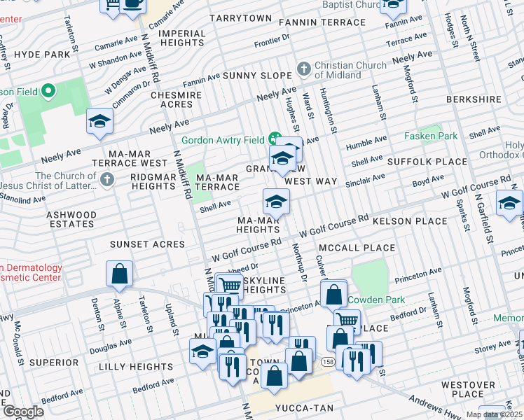 map of restaurants, bars, coffee shops, grocery stores, and more near 14 Bristol Ct in Midland