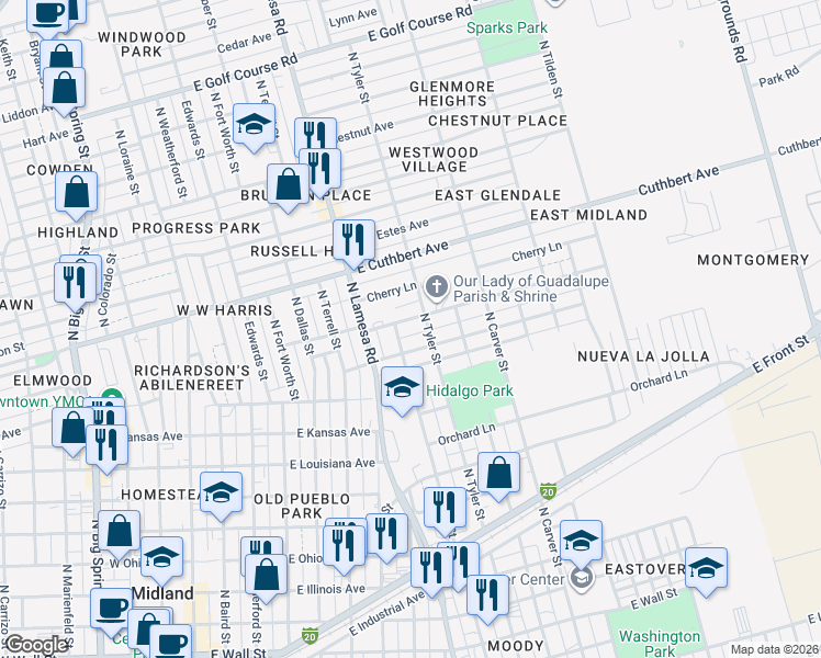 map of restaurants, bars, coffee shops, grocery stores, and more near 1204 Garden Lane in Midland